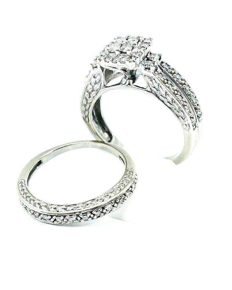 14K White Gold 1.00 TCW Round Cut Diamonds with Halo Engagement Ring & Band