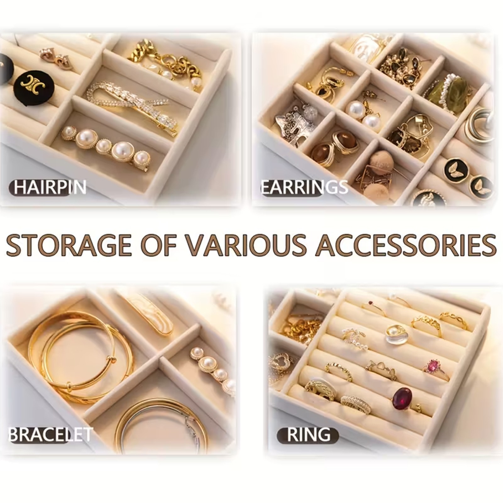 4Pc Jewelry Tray Set Drawer Organizer Stackable Ring Necklace Box