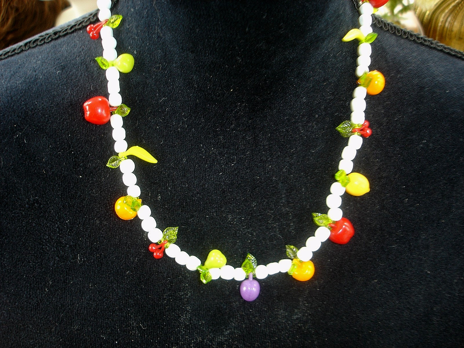 Vintage Plastic FRUIT White Glass Bead Necklace-Apple Banana Orange Pear Cherry