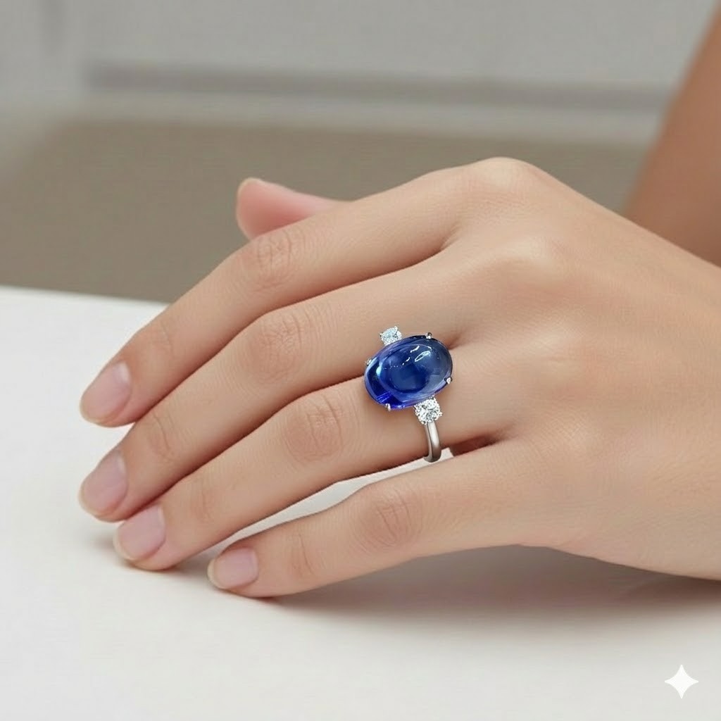 Vintage 14K White Gold Engagement 12.07CT. Gem Blue Sapphire Cabochon Shape