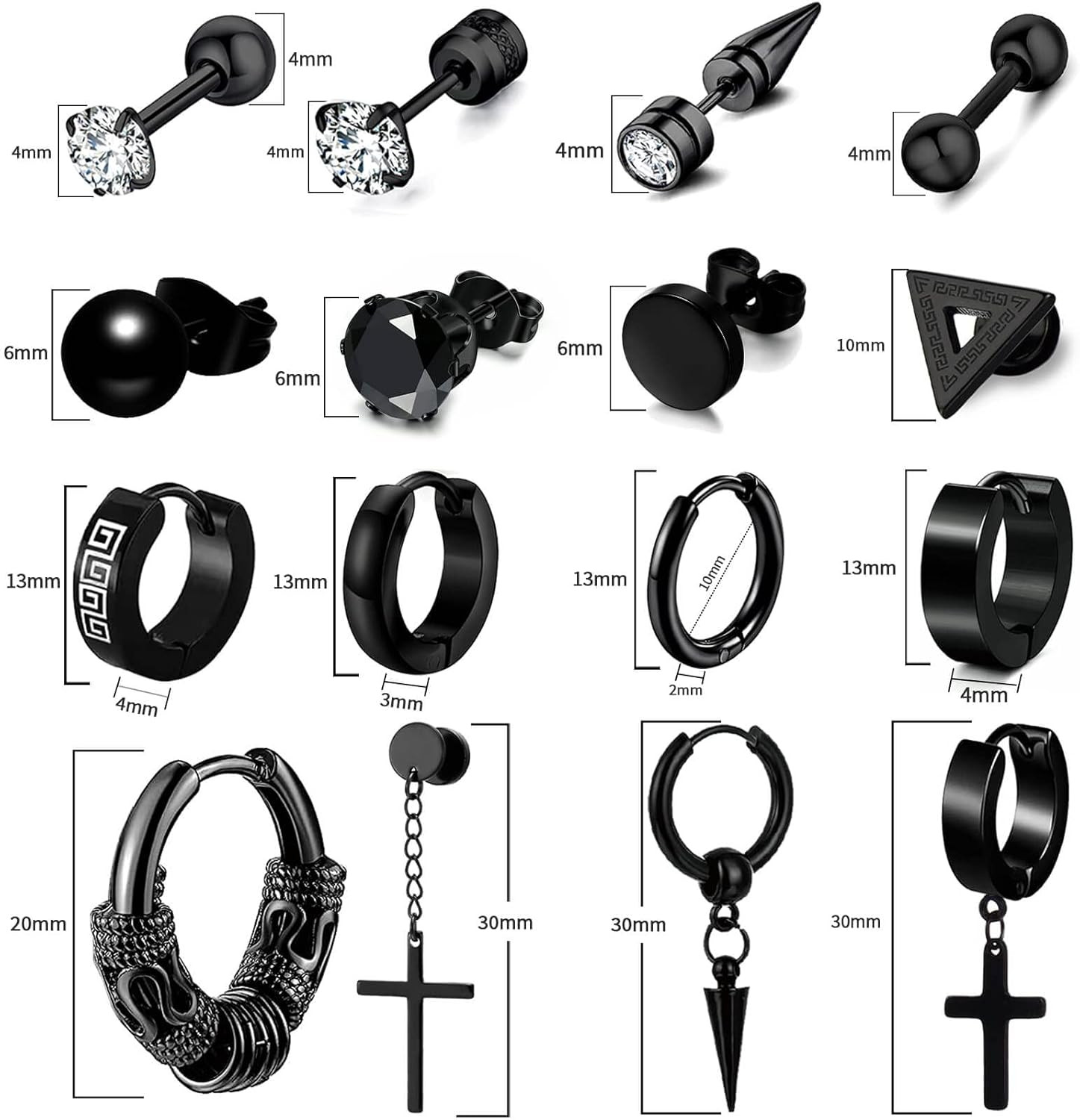 16 Pairs Men Earrings Set -Stainless Steel Cross Dangle Hoop & Ear Stud