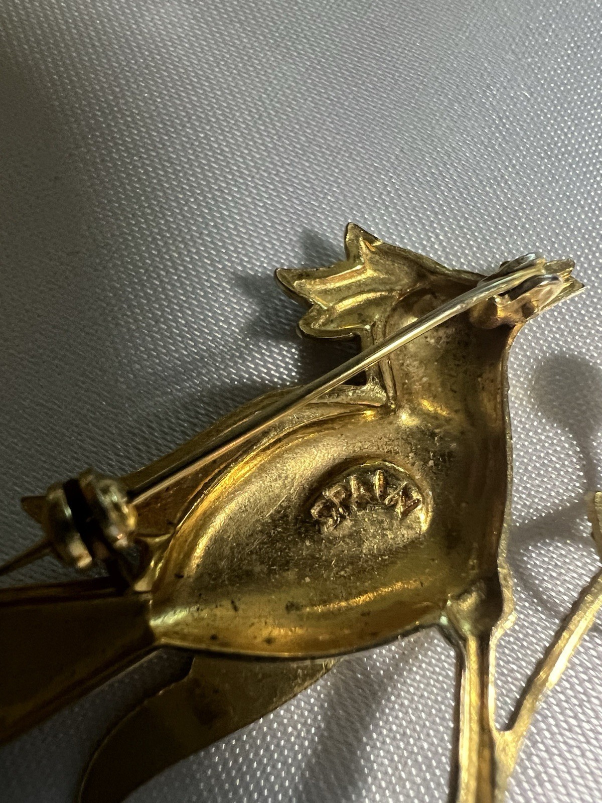 Mid Century Toledoware Gold Tone Bird Brooch Signed Spain Vintage Jewelry 2″