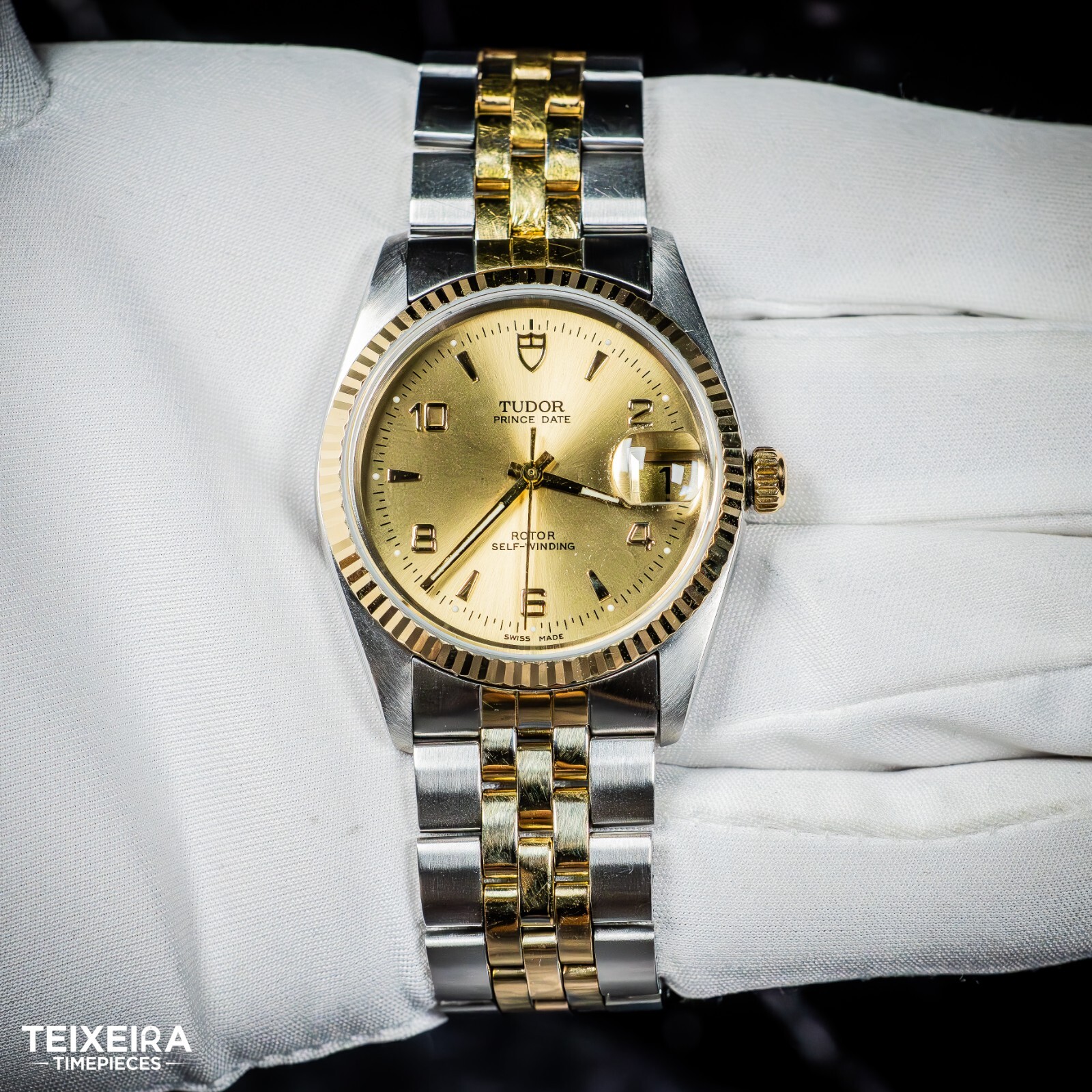 Tudor Prince Date 74033 Champagne 18k Fluted Bezel and Jubilee Bracelet 34mm