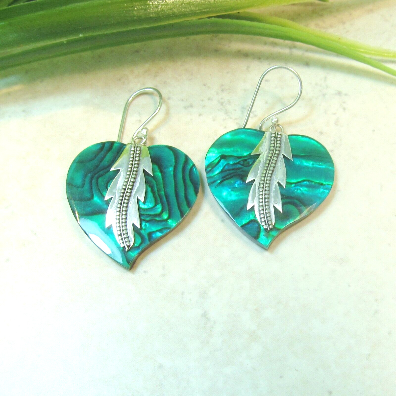 Green Heart Abalone Paua Shell Handmade 925 Sterling Silver Earring NEW DESIGN