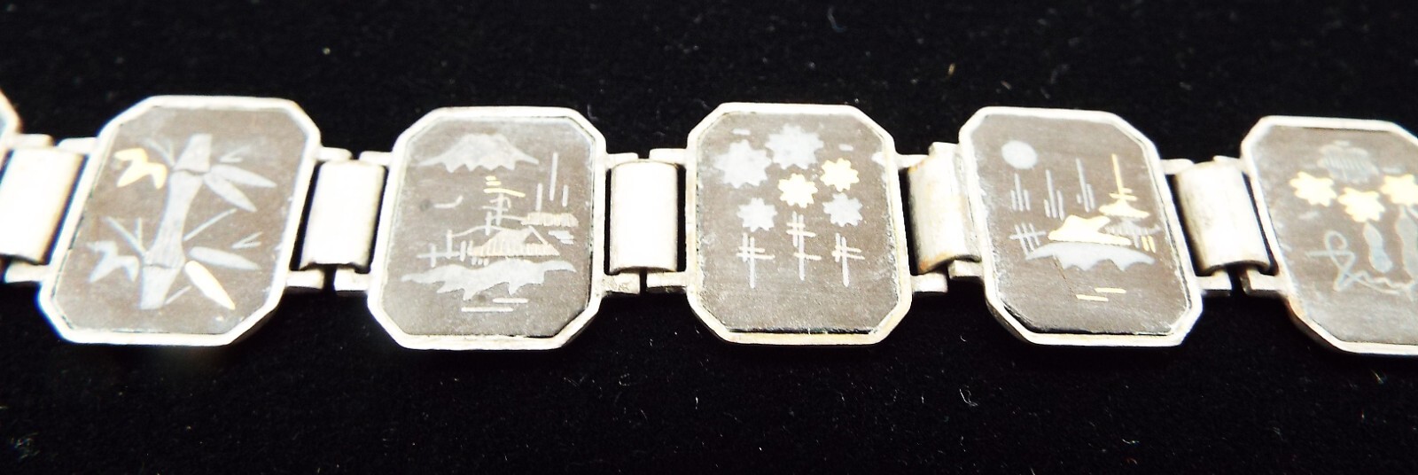 VTG SIGNED JAPAN ORIGINAL DAMASCENE 11 PANEL SIAM LINK BRACELET 24K INLAY