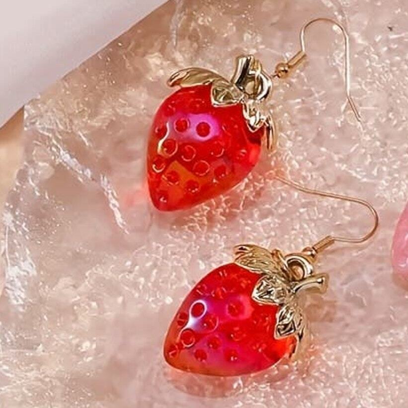 Strawberry Red Dangle Earrings Whimsical Cottagecore Feminine Best Seller