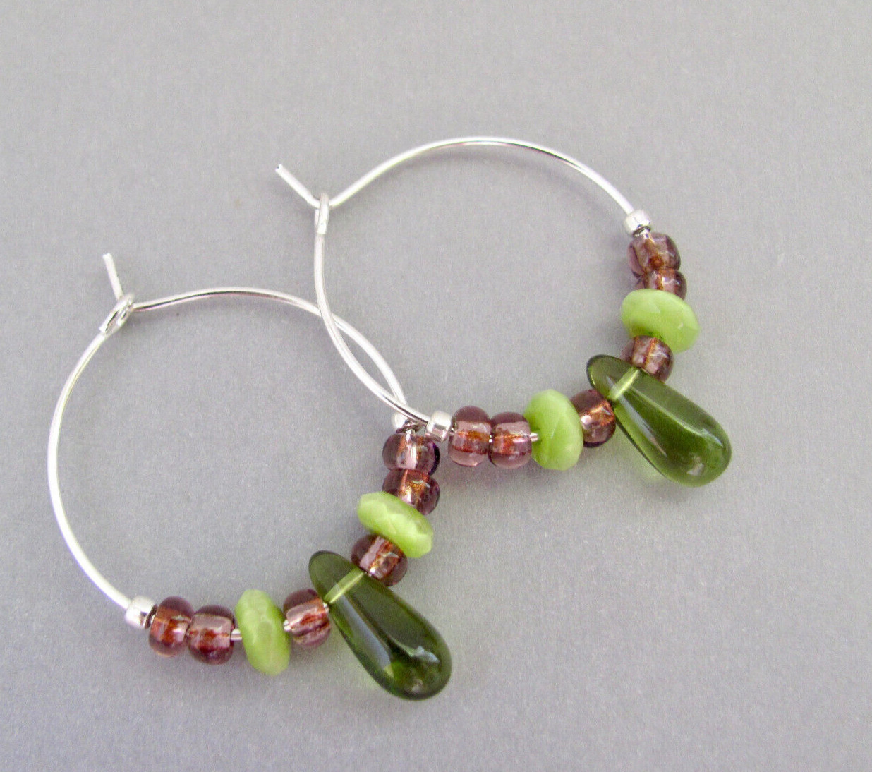 Hoop Earrings Boho Beaded Green Purple Silver Plate Hawaii Beads Czech Glass