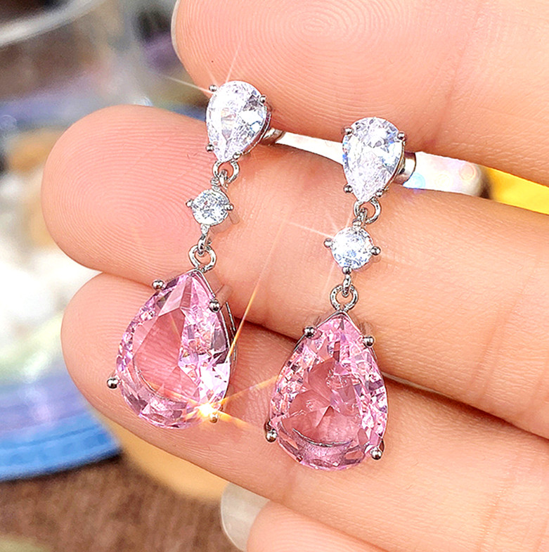 Trendy Flower Water Drop Pave Pear Pink Cubic Zirconia Dangle Drop Stud Earrings