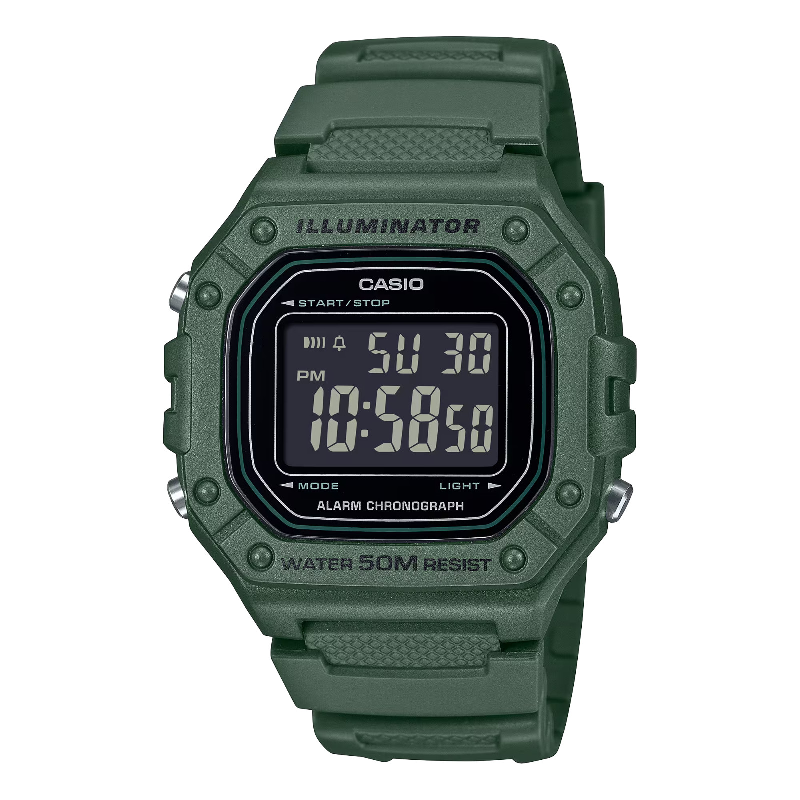 Casio W218H-3BV, 50 Meter WR Chronograph Watch, Alarm, Green Resin, Illuminator