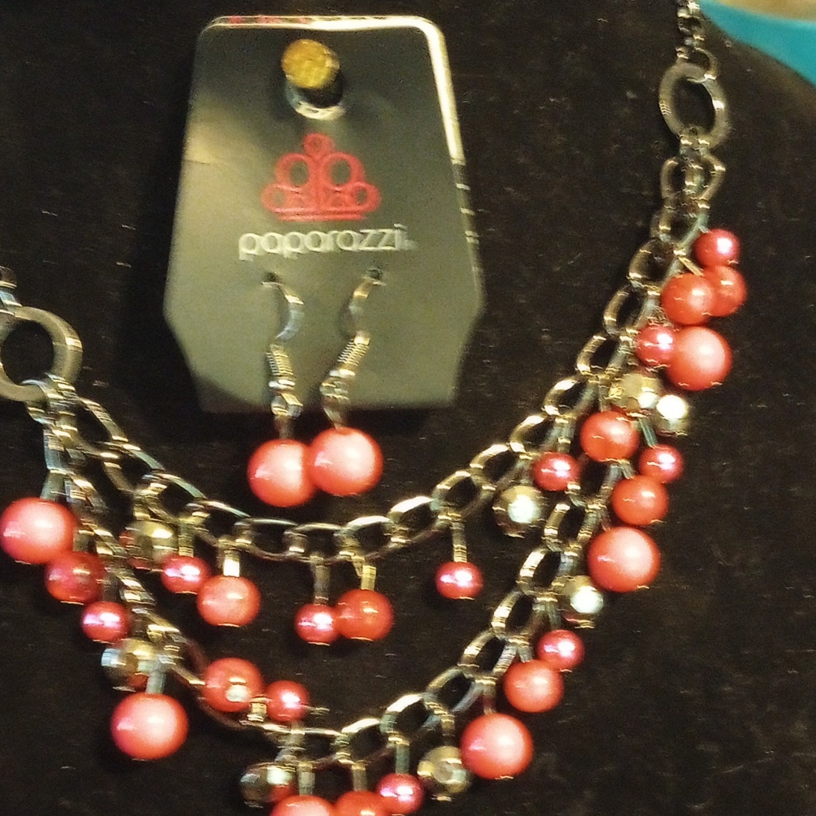 Paparazzi Silver Tone Red Round Beaded Necklace Bracelet & Earrings Set