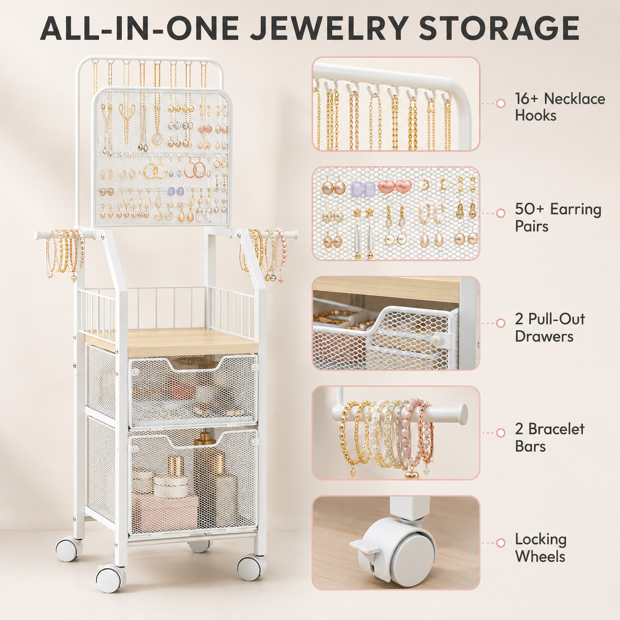 Rolling Jewelry Organizer Stand w/ 2 Drawers Necklace Earring Holder Cart White