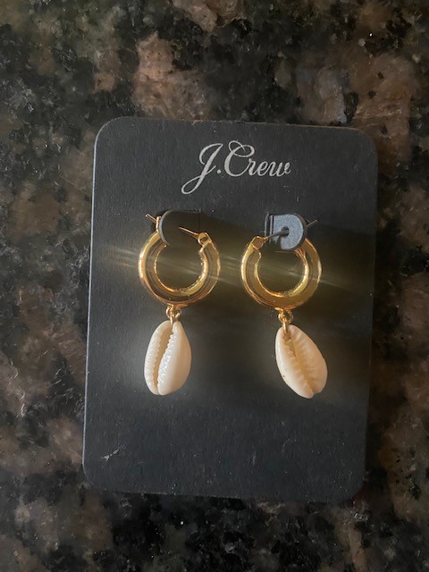 J Crew Shawna Cowrie Shell Drop Huggie Hoop Earrings-Gold Tone -Pierced Ear-New