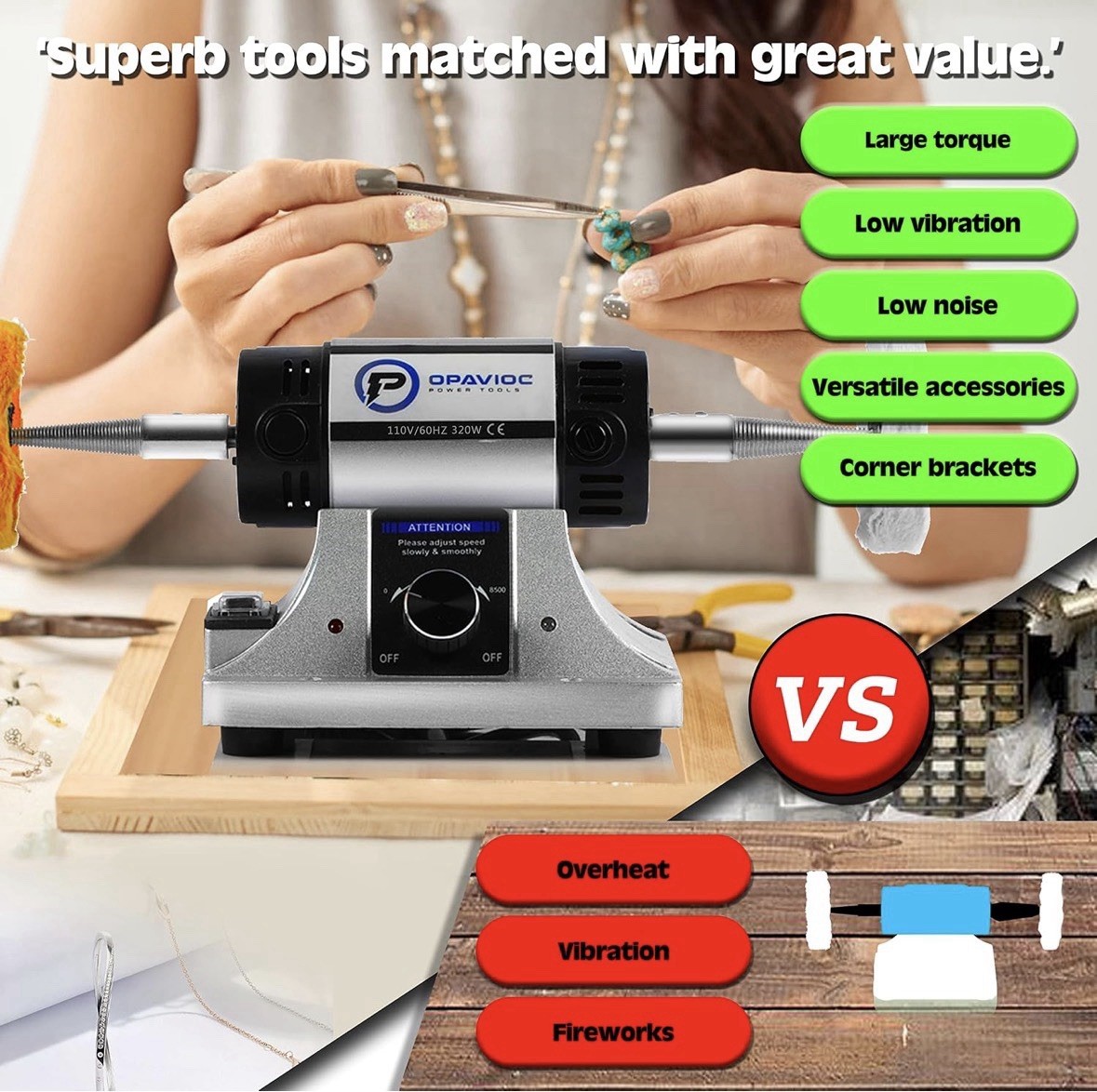 Variable Speed Bench, Buffer Jewelry Polishing Machine Kit ,Opavioc Model-SY320