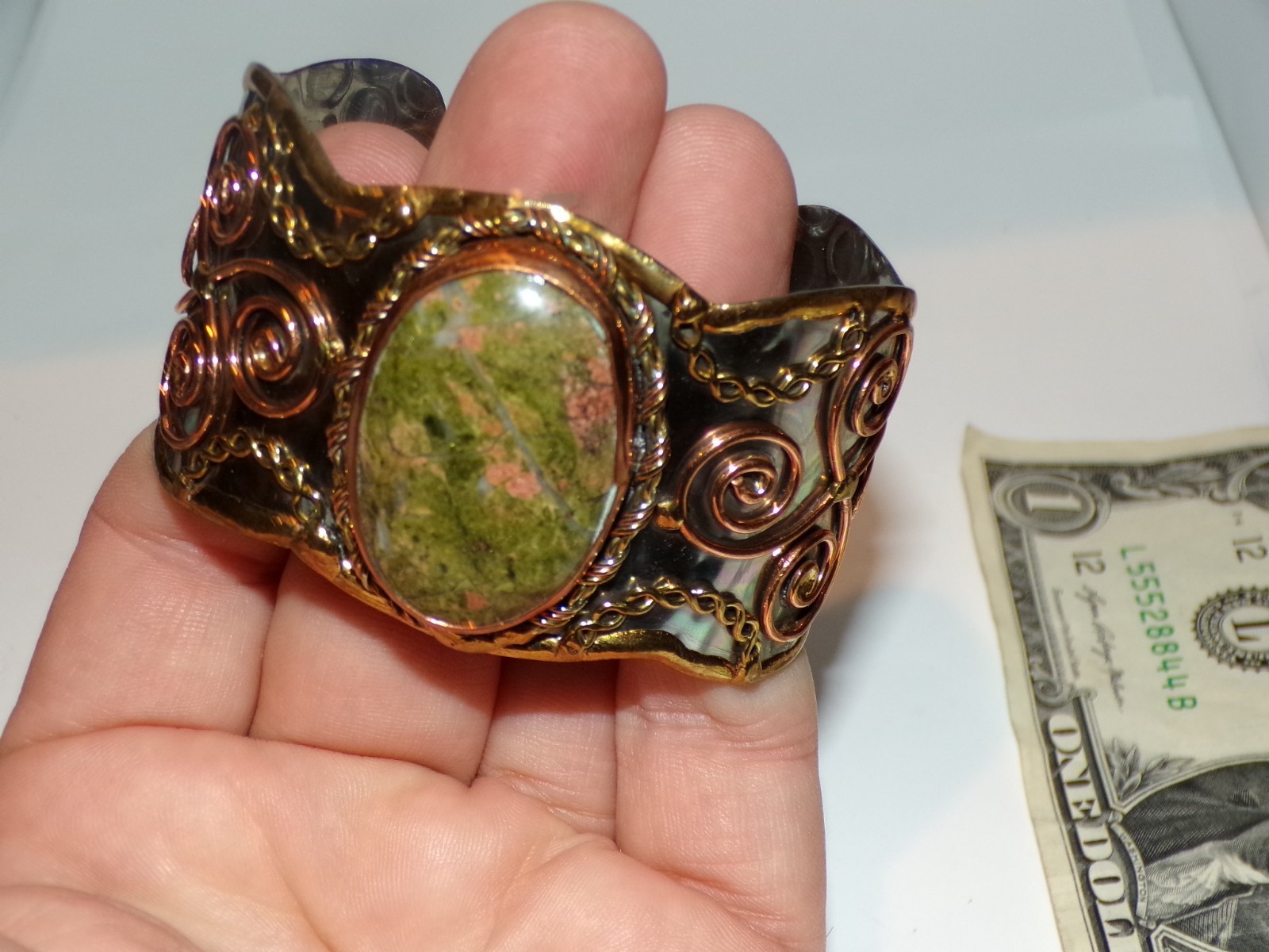 Bracelet Jewelry Unakite Mixed Metal Cuff Ladies Vintage [291]