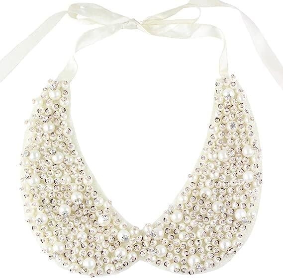 WHITE & SILVER BOW KNOT FAUX PEARL, SEQUIN RHINESTONE COLLAR, BIB NECKLACE