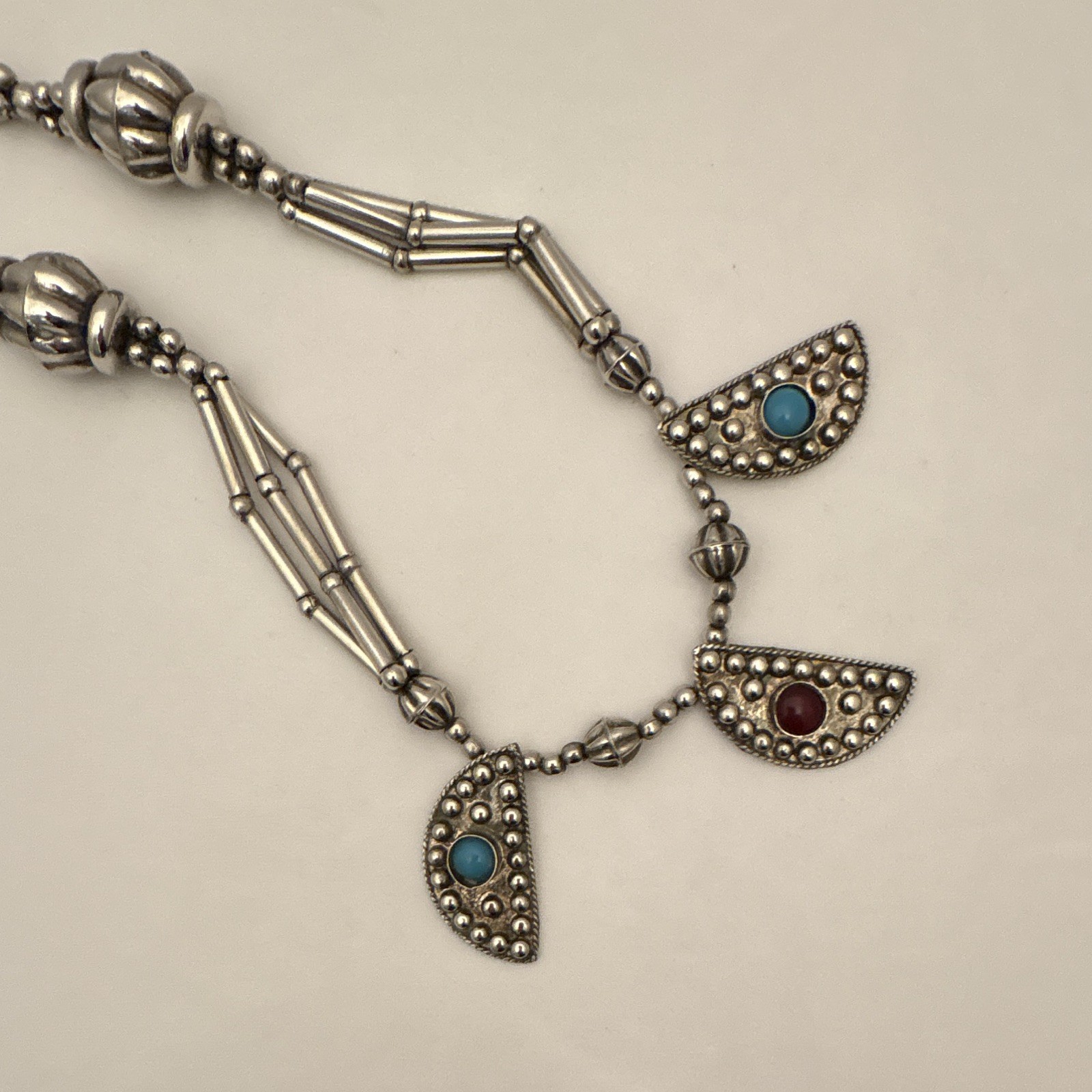 Vintage Silver Tone Ball Bead Southwest Style Necklace w/3 Half-Moon Charms