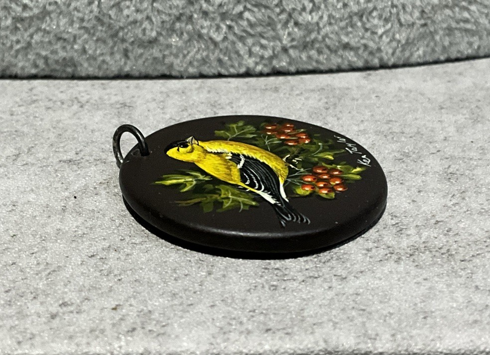 Vintage Ken Taylor Signed Hand Painted Yellow Goldfinch Bird Pendant Charm