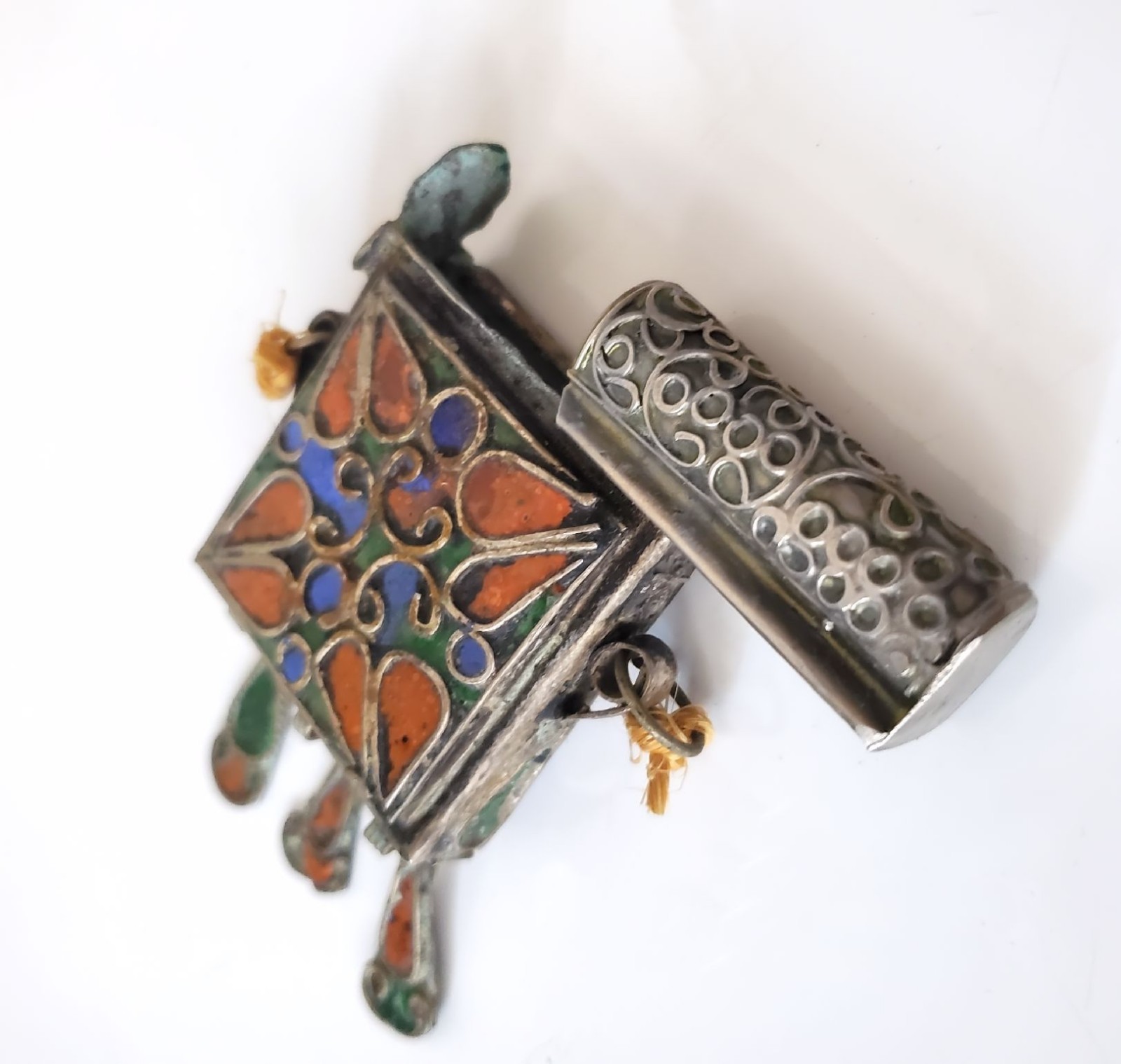 Vintage 1970s Moroccan Berber Hirz Prayer Box Pendant Cloisonne Enamel Locket