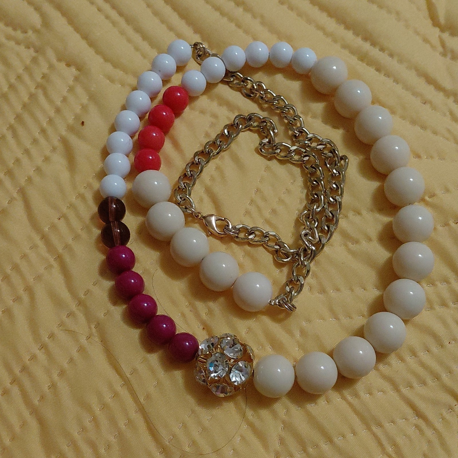 Beaded Necklace White Red Purple Gold Tone Cable Chain Rhinestone Accent