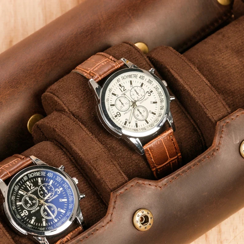 Personalized Leather Watch Case for 3 Watches, Handmade Travel Watch roll,