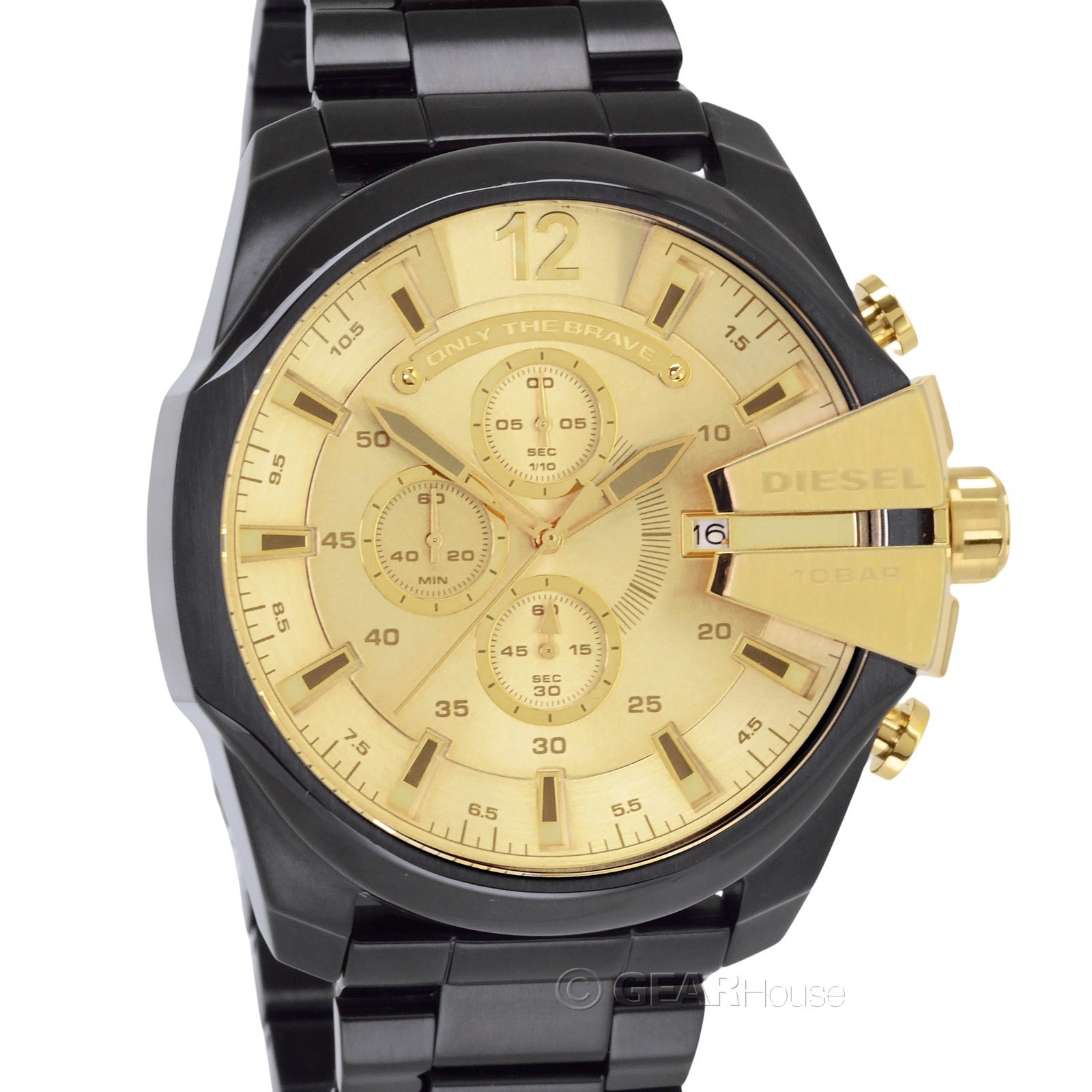 DIESEL Mega Chief Mens Chronograph Watch, Gold Dial, Black Stainless Steel Band