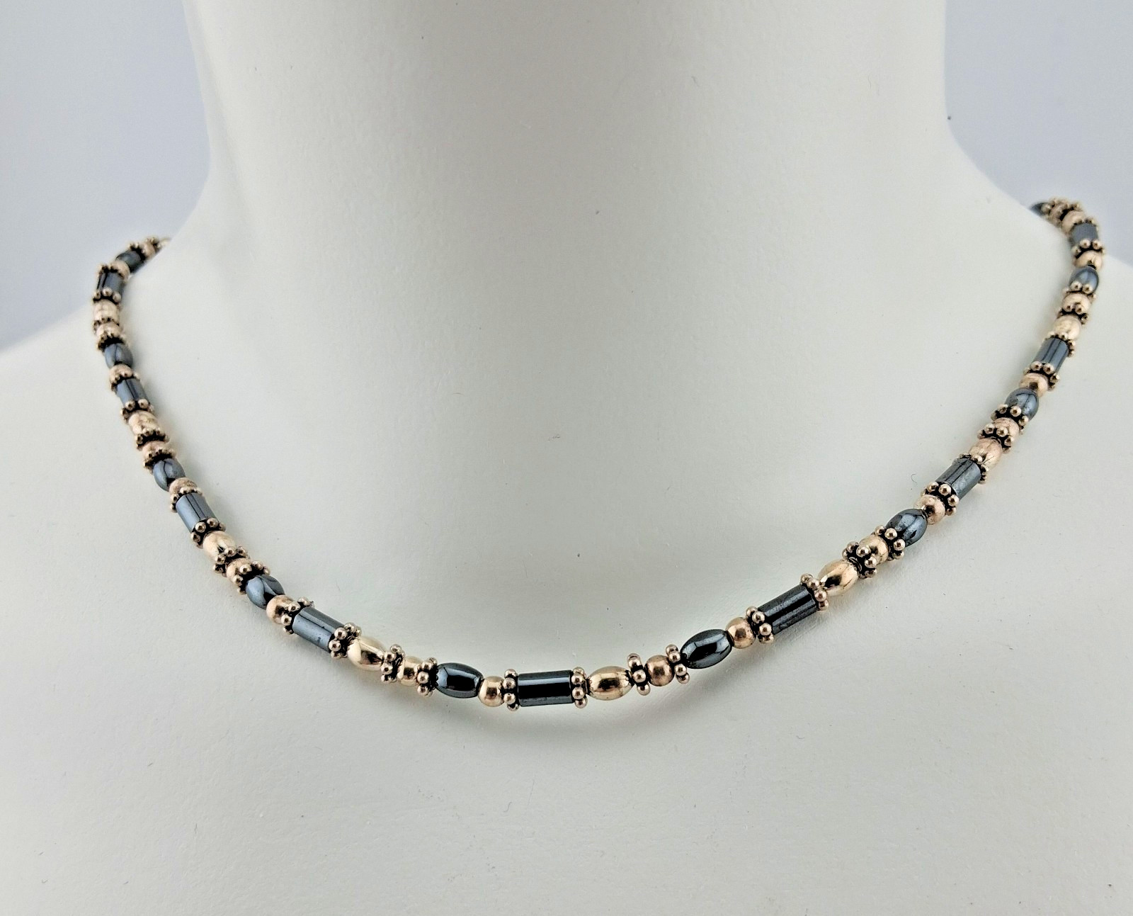 Sun West Silver Co. Sterling Silver Hematite Bead Necklace 15-17.5″ Choker 14.9g