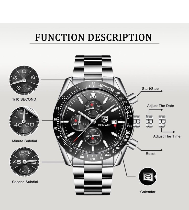 BENYAR Classic Fashion Quartz Chronograph Watch Casual Sport 30M Waterproof