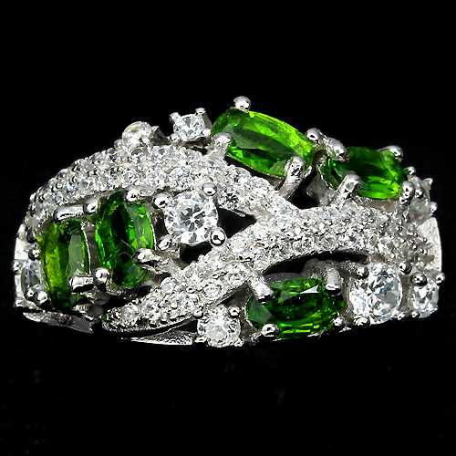ELEGANT NATURAL 5x3mm. TOP RICH GREEN CHROME DIOPSIDE & CZ 925 SILVER BAND RING8