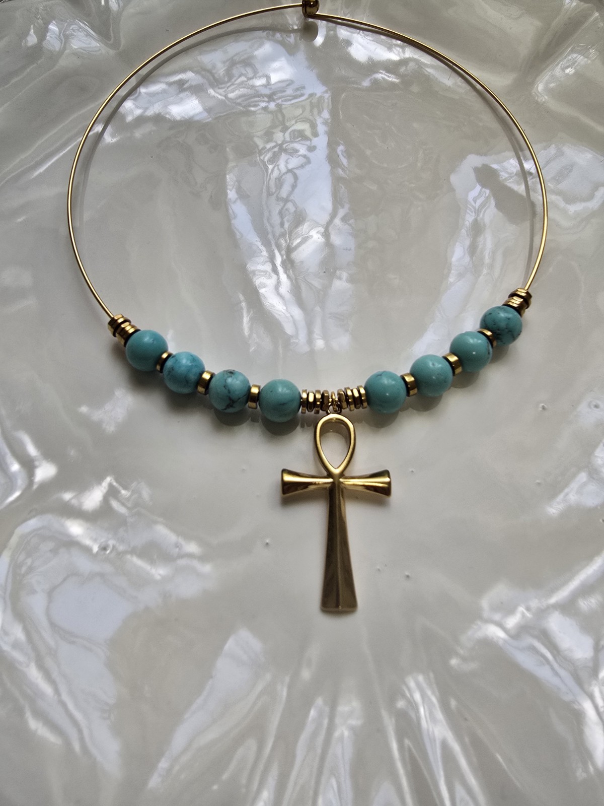Gold Tone Wire Choker Necklace w/ Blue Round Beads & Ankh Cross Charm Pendant