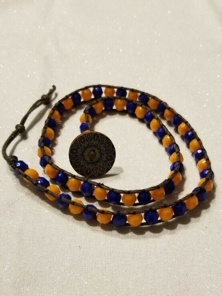 Blue/Orange Gator/Bronco/Auburn Themed Rondelle 3 Wrap Bracelet on Brown Leather
