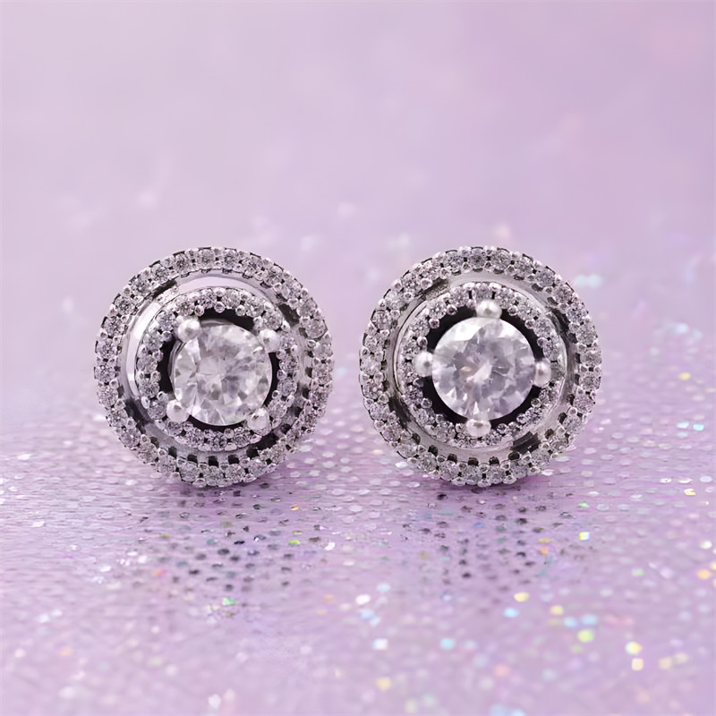 New 100% Authentic 925 Sterling Silver Sparkling Double Halo Stud Earrings