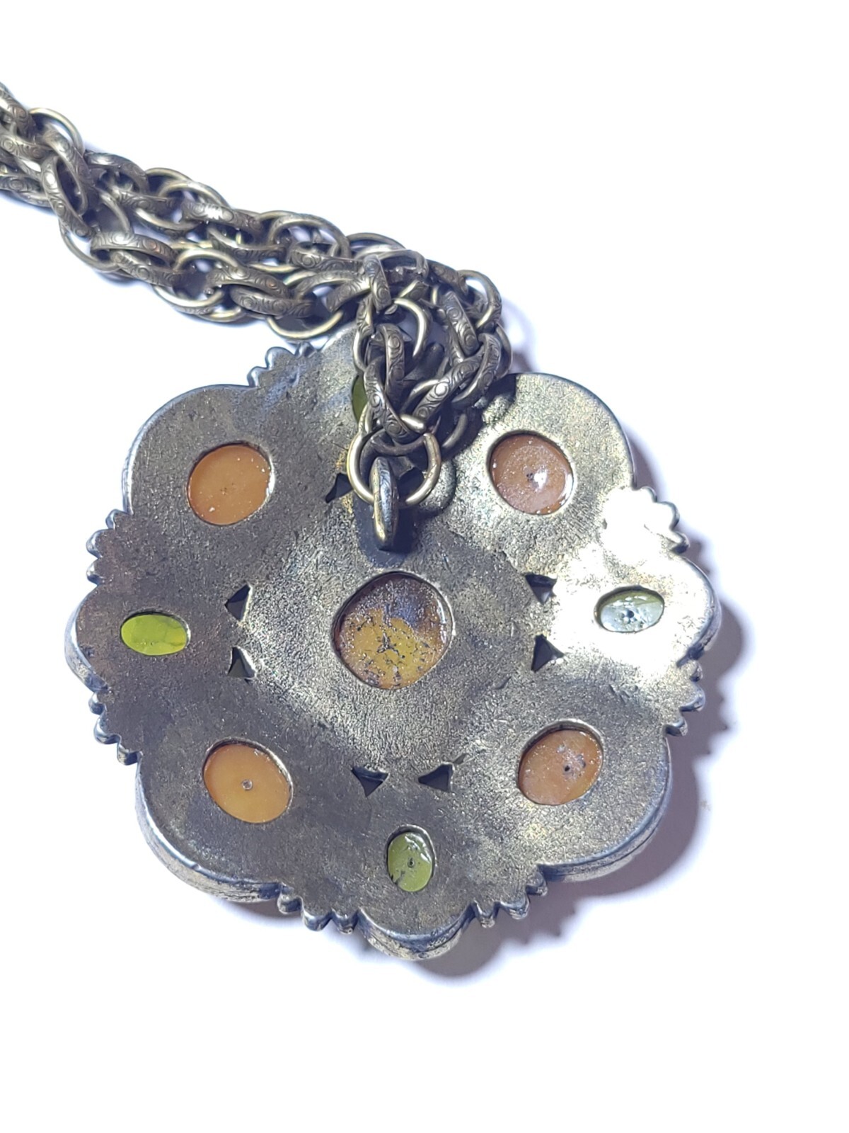 Hobé Vintage Necklace Orange Lime Green Thermoplastic Amulet Pendant 16″ Chain