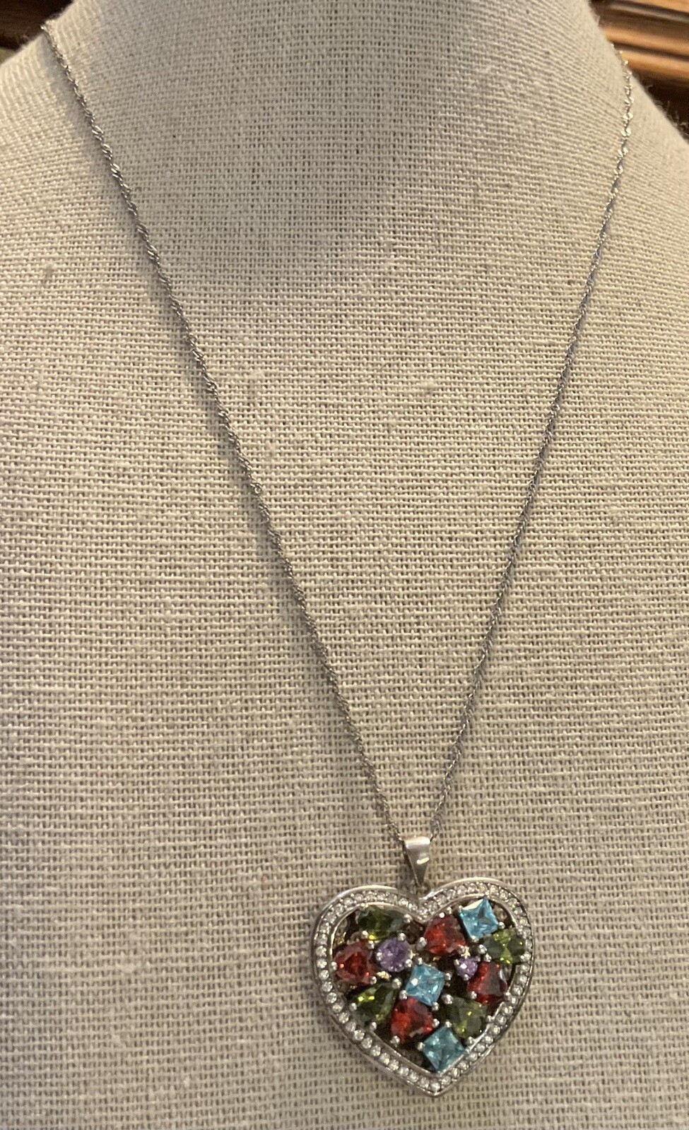 FZN FUZION CREATIONS sterling silver multi color cz Heart Necklace 17” large