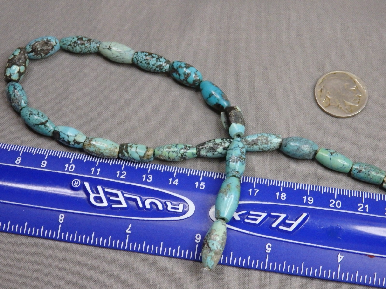 Vintage HUBEI TURQUOISE 12-16mm Long Rice Beads 15.5″ strand 150cts