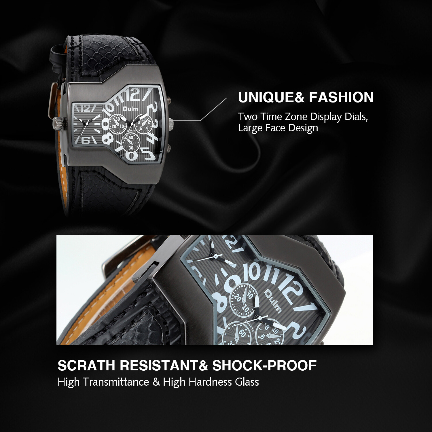 Men Unique Sports Military Army Dual Time Zones Quartz Leather Strap Wrist Watch