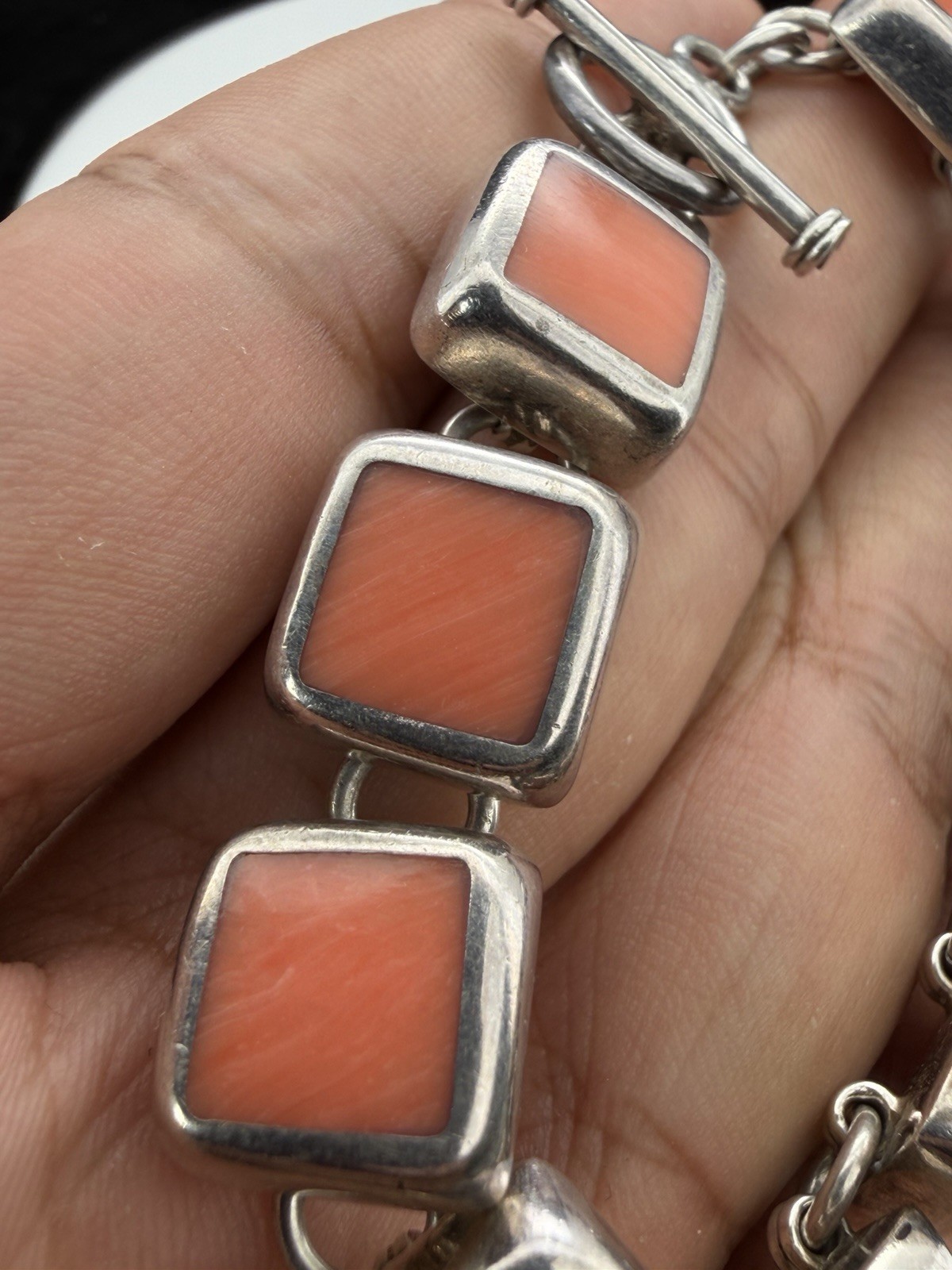 Vintage Mexico Sterling Silver And Inlay Reddish Coral 6.5 Inch Bracelet