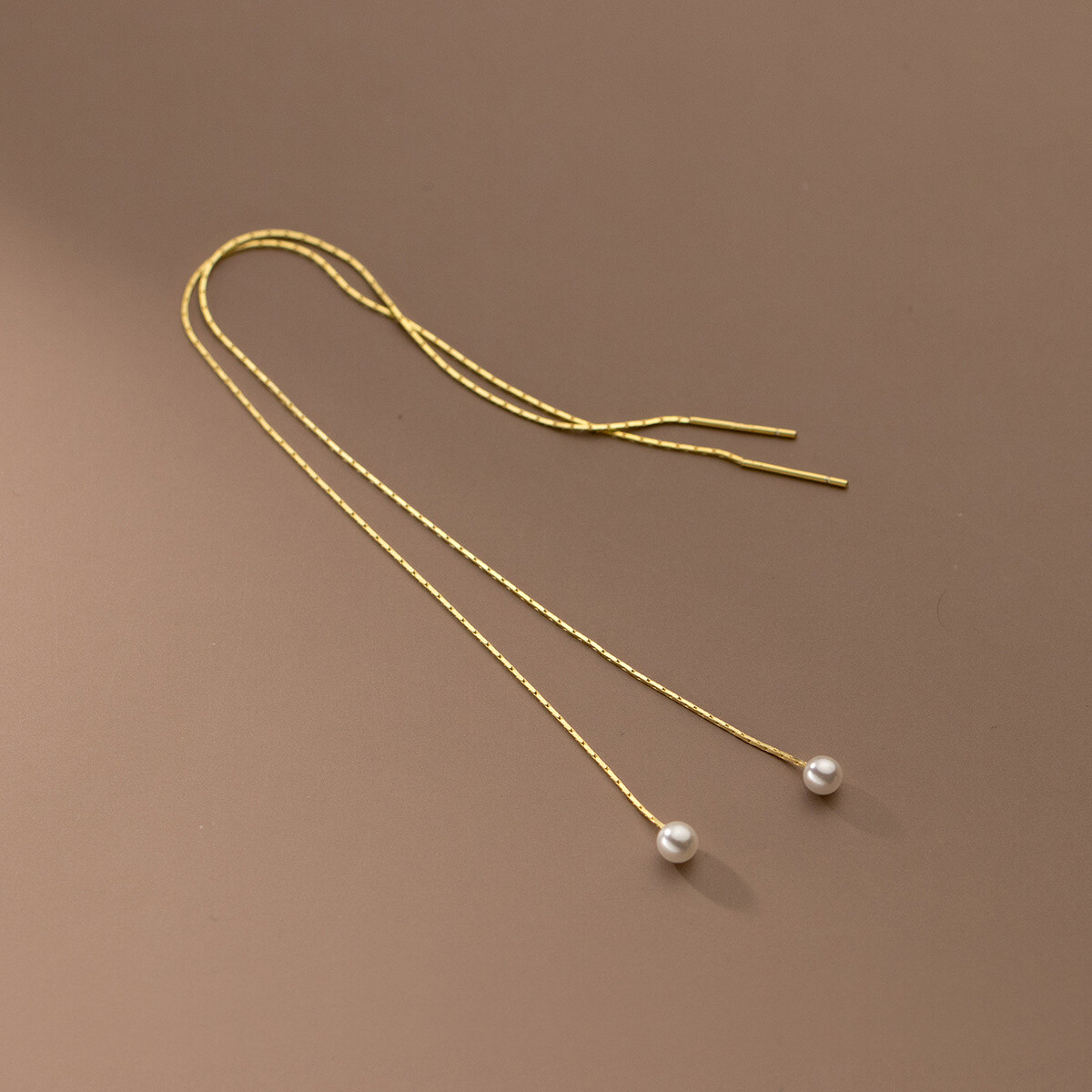 Sterling Silver Imitation Pearls Threader Pull Through Long Chian Earrings A4456
