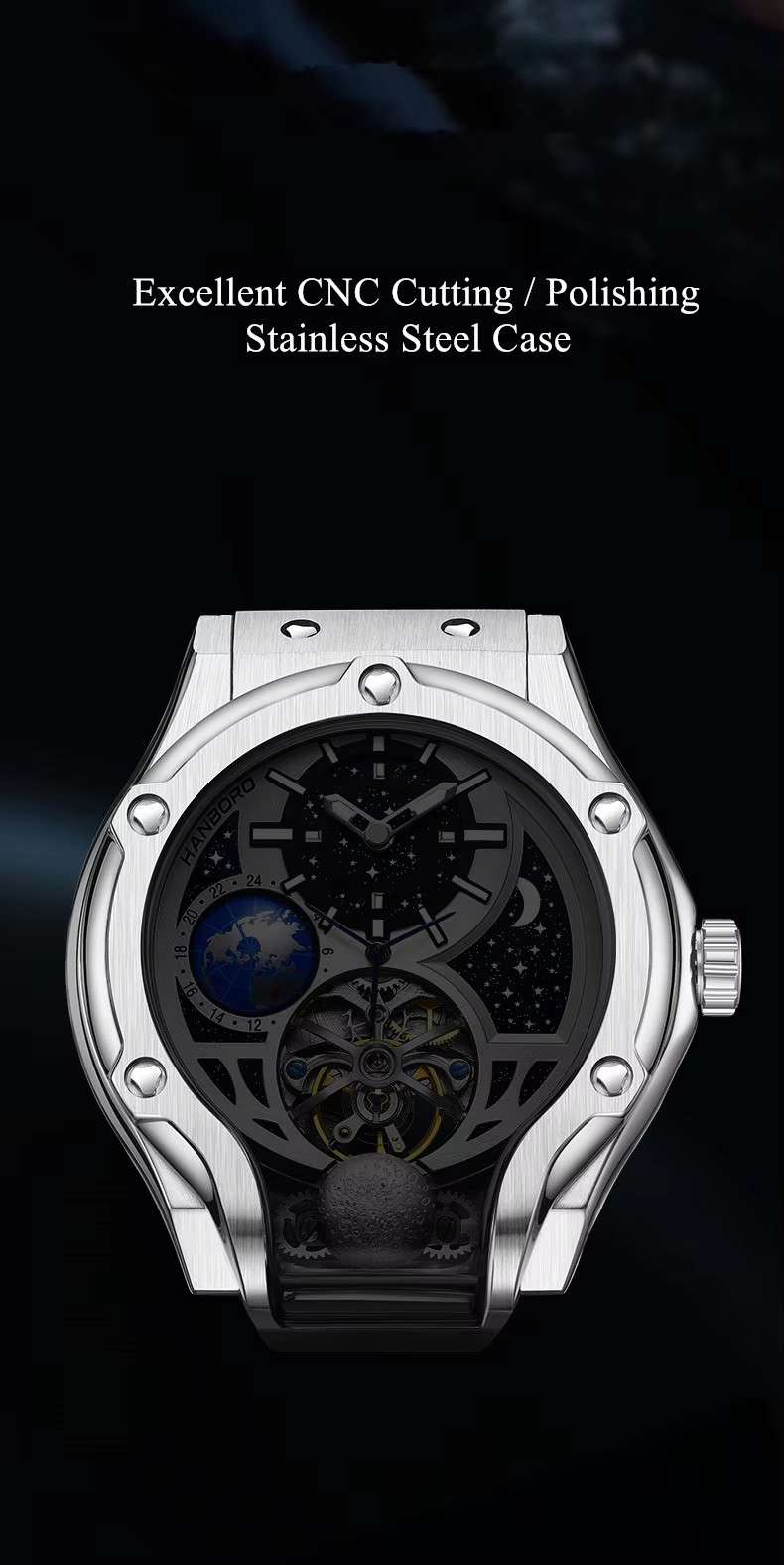 HANBORO Men Automatic Watch Sapphire Crystal Stainless Steel Skeleton H980 Silve