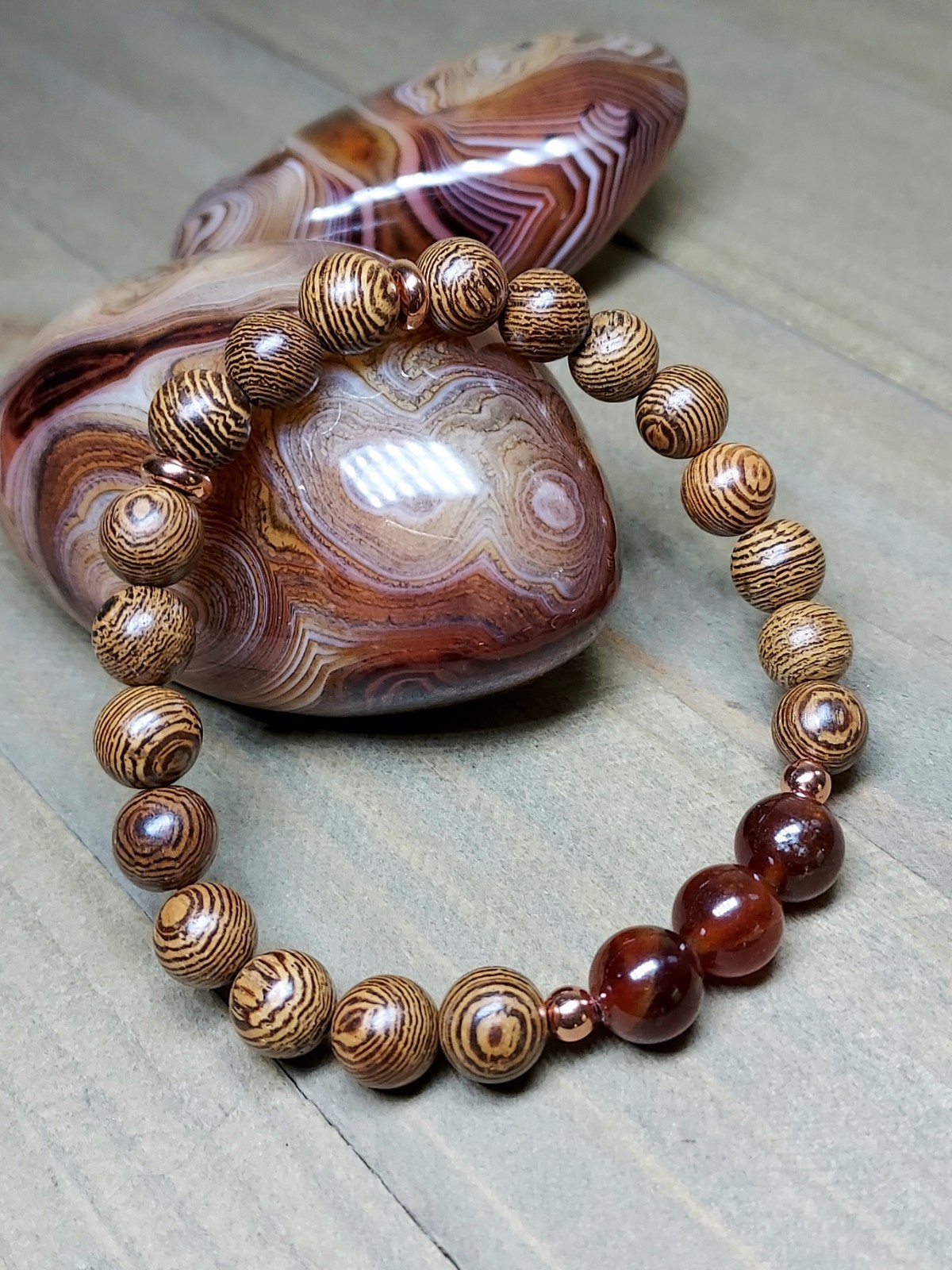 Hessonite Garnet Gemstone Bracelet With Brown Wooden Beads Stretchy 6.50″