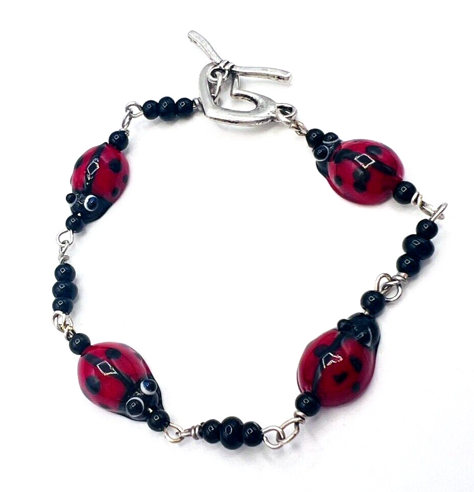 Glass Bead Red Black Ladybug Bracelet Heart Toggle Clasp 8.25 in