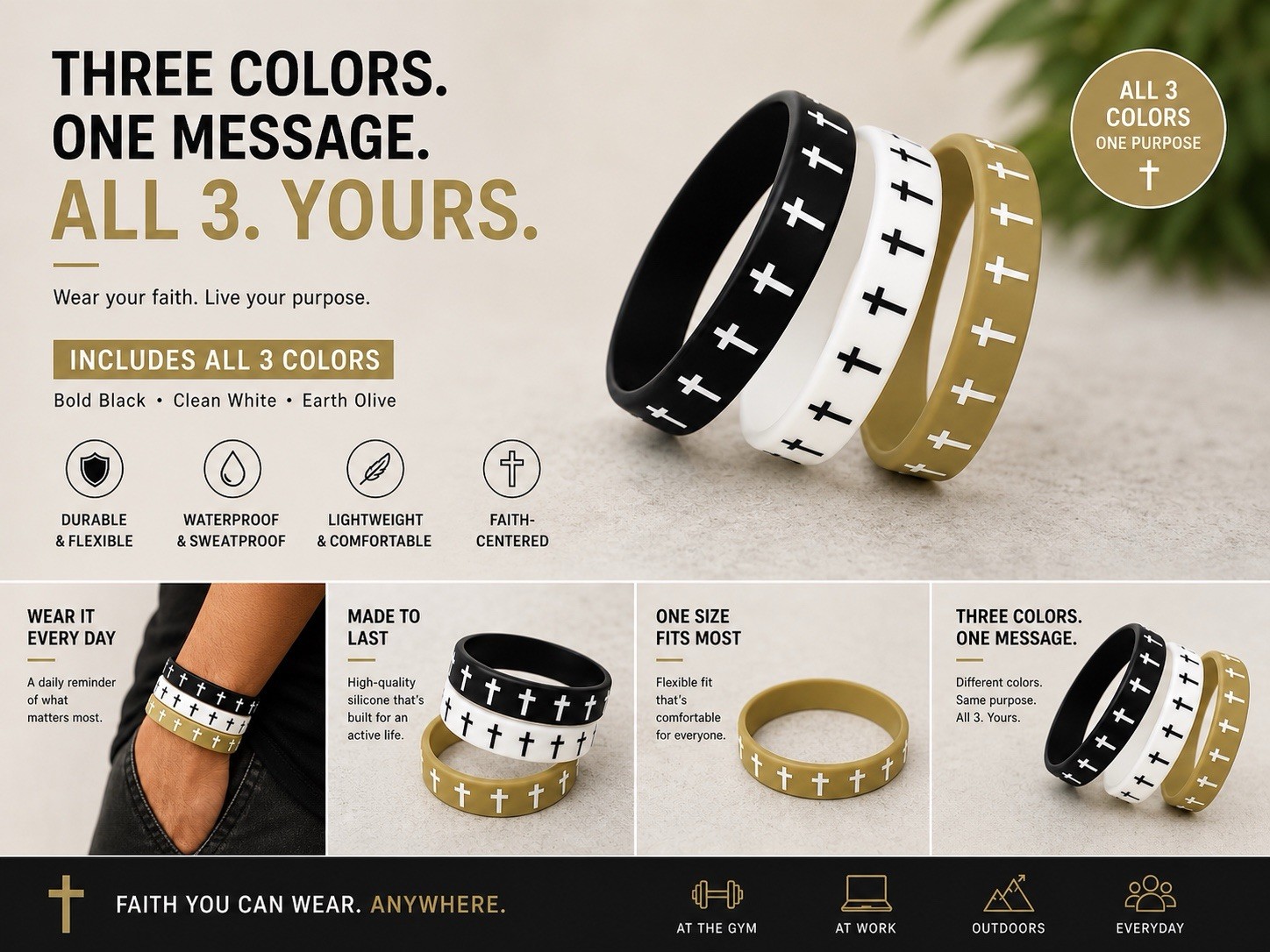 3 PCS Silicone Cross Bracelet Set Black White Olive Christian Wristbands Faith
