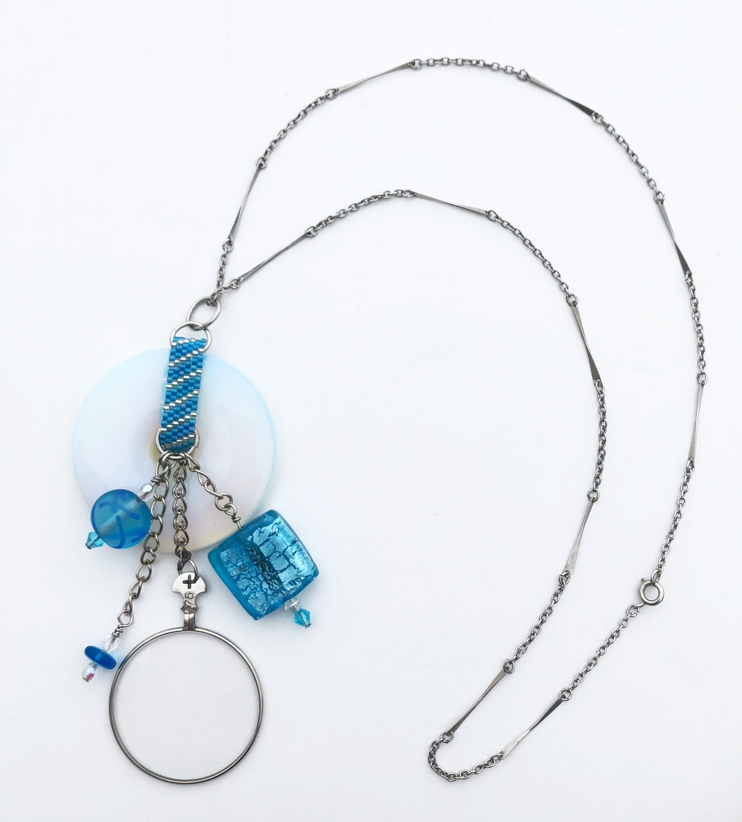 Necklace Pendant and Earrings Beads Optometrist Glass Teal Blue White Mix 22″