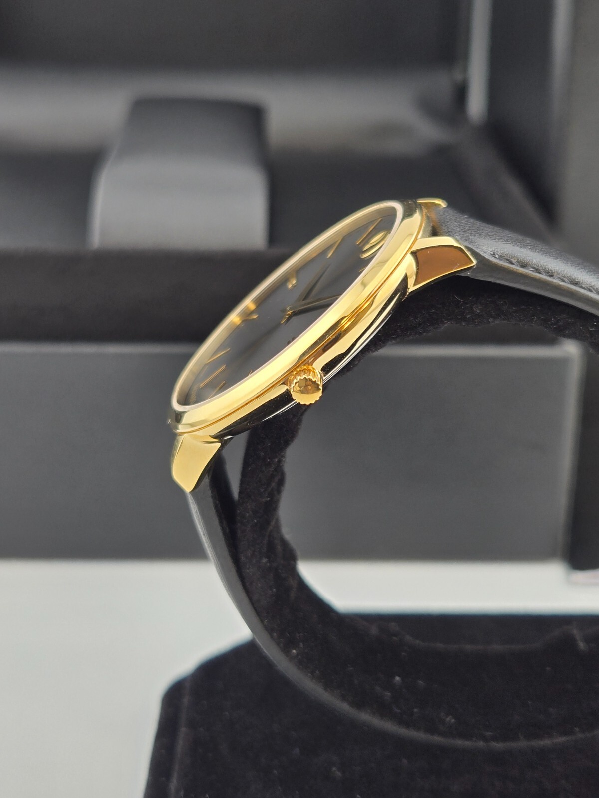 Movado Women’s Ultra Slim Black Dial Gold Tone Case Watch – 0607091 ($795 MSRP)