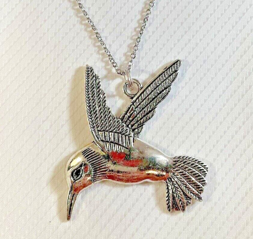 Hummingbird Silver Necklace 30” Stainless Statement Jewelry Bird Gif NEW