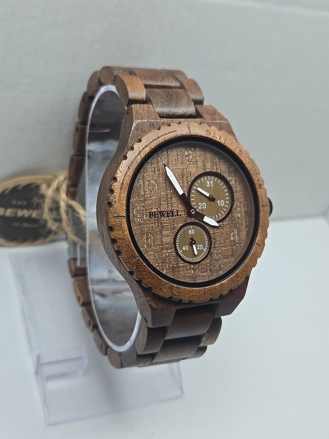 Bewell Black Walnut Wooden Watch Quartz Date Seconds Subdials Brown New Battery