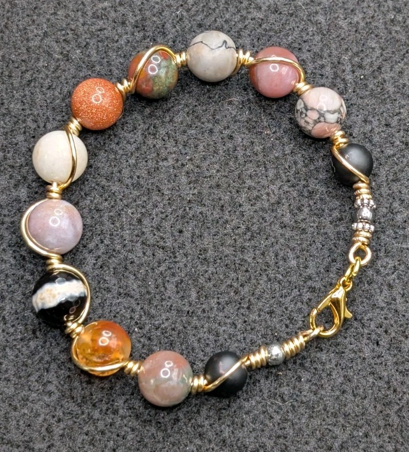 Women’s Fall Boho Gemstone 10mm Beaded Copper Wire Bracelet (16cm) Small Wrist