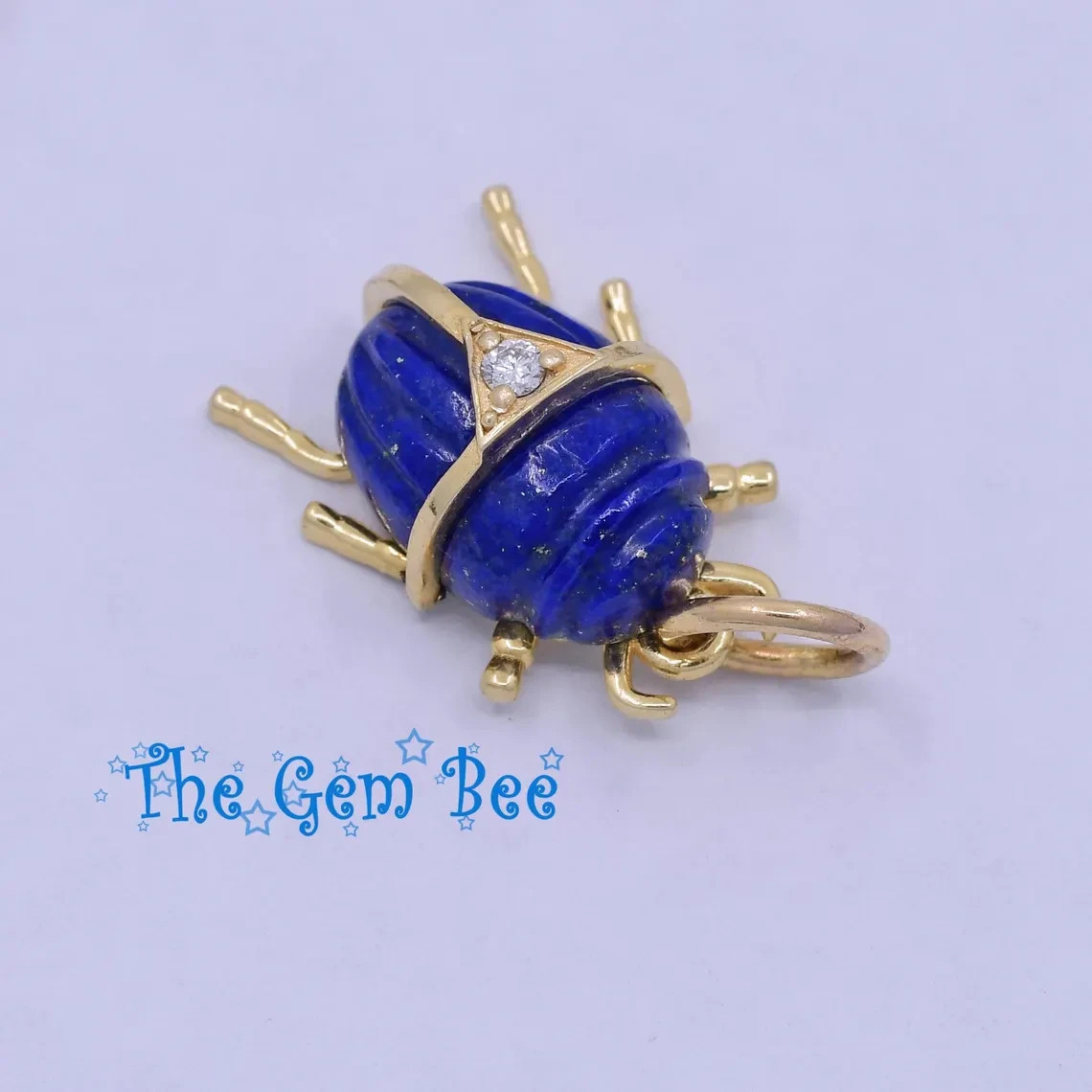 13.3mm 14k Yellow Gold Diamond Lapis Lazuli Scarab Beetle Bug Charm Pendant