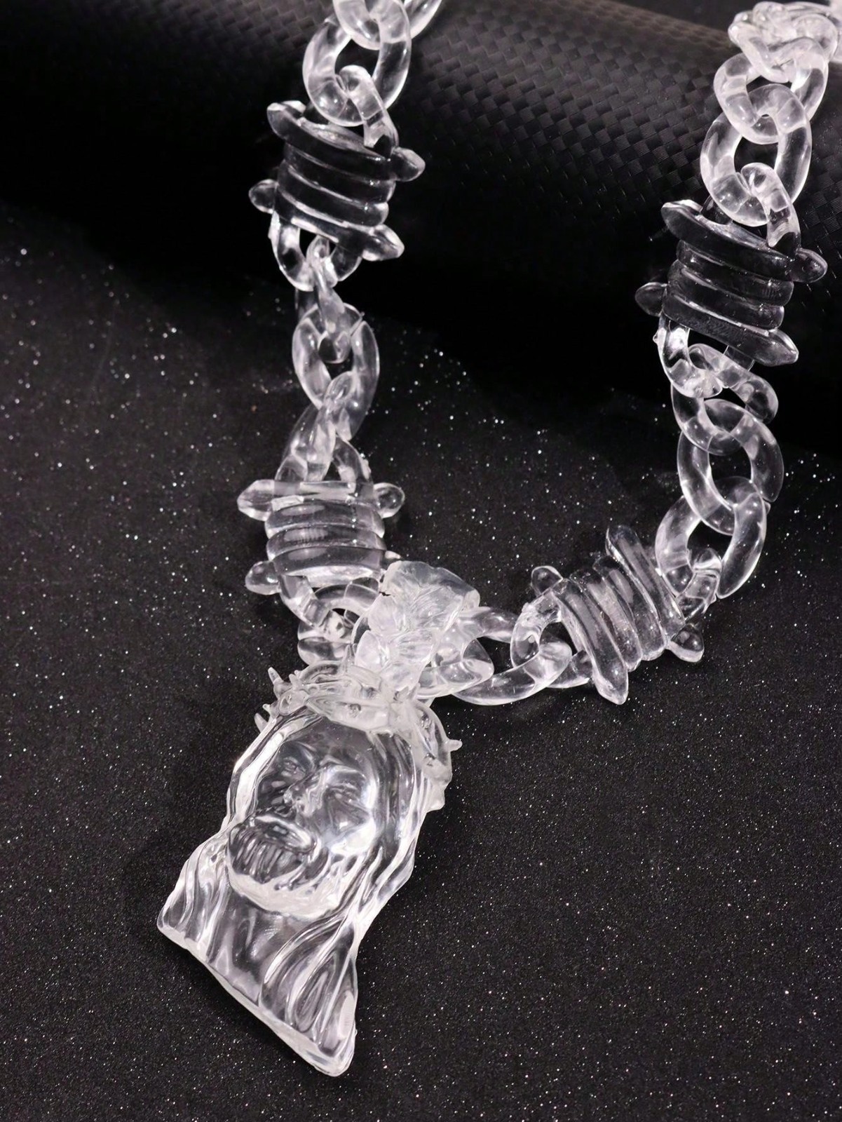 Jesus Portrait Pendant Necklace & 24″ Transparent Acrylic Thorns Chain Necklace