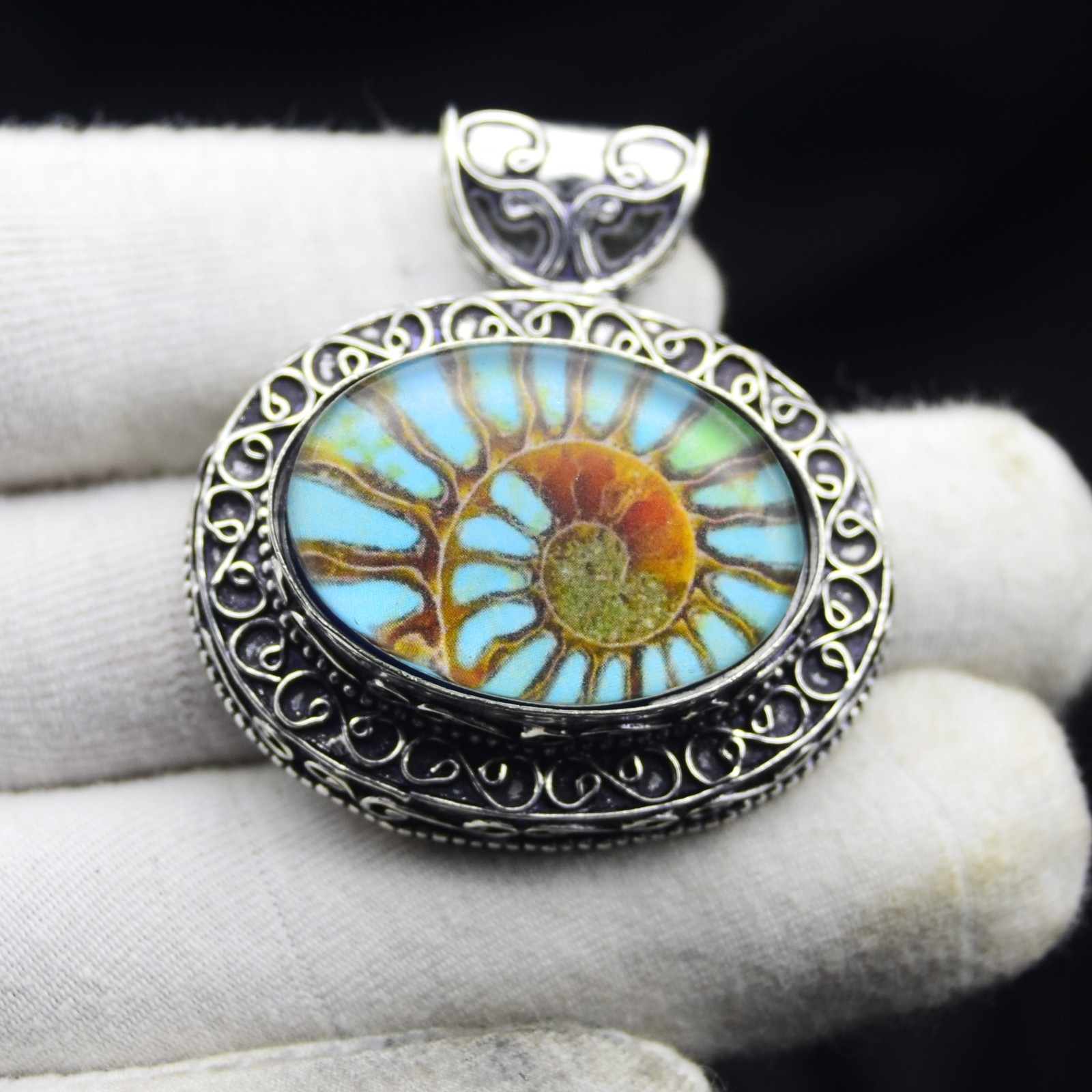 Ammonite Fossil Gemstone Pendant Handmade 925 Sterling Silver Jewelry 1.75″