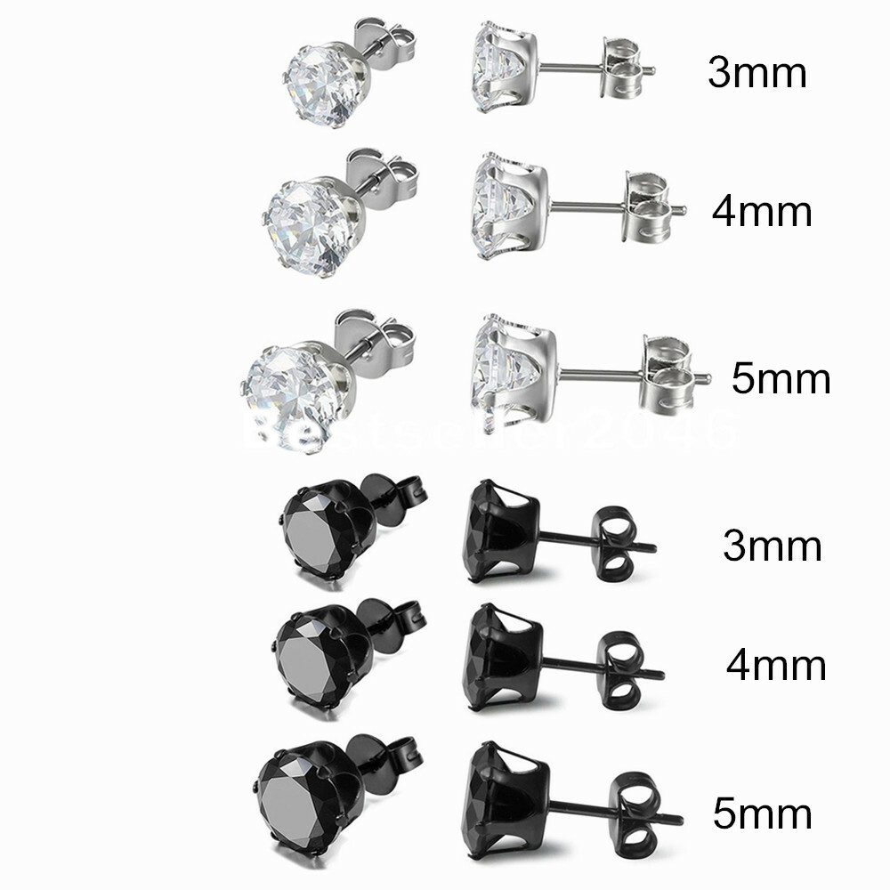 6Pairs Stainless Steel Men Women Stud Earrings Set Black Clear CZ Inlaid 3MM-5MM